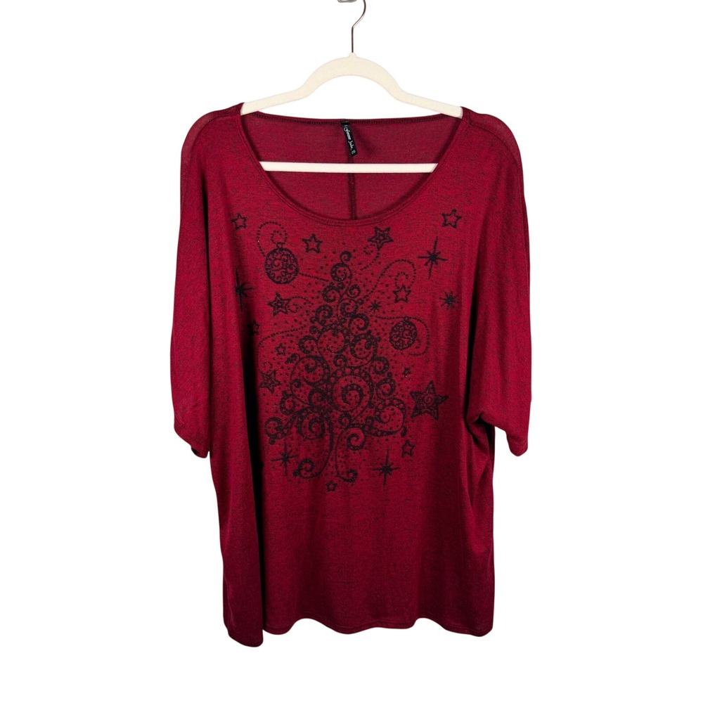 Forever Jade Womens 3X Red Christmas Tree Beaded Dolman Sleeve Slub Top